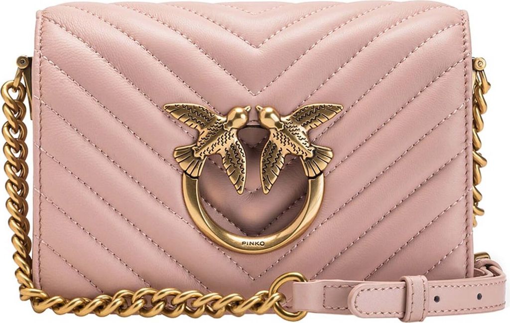PINKO Leder Umhängetasche Abendtasche Love Click Mini Sheep Nappa Chevron Cipria - Antique Gold lachsfarben