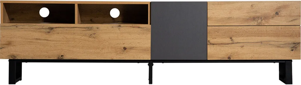 Meuble TV Fortuna Lai imitation bois avec grands rangements ouverts