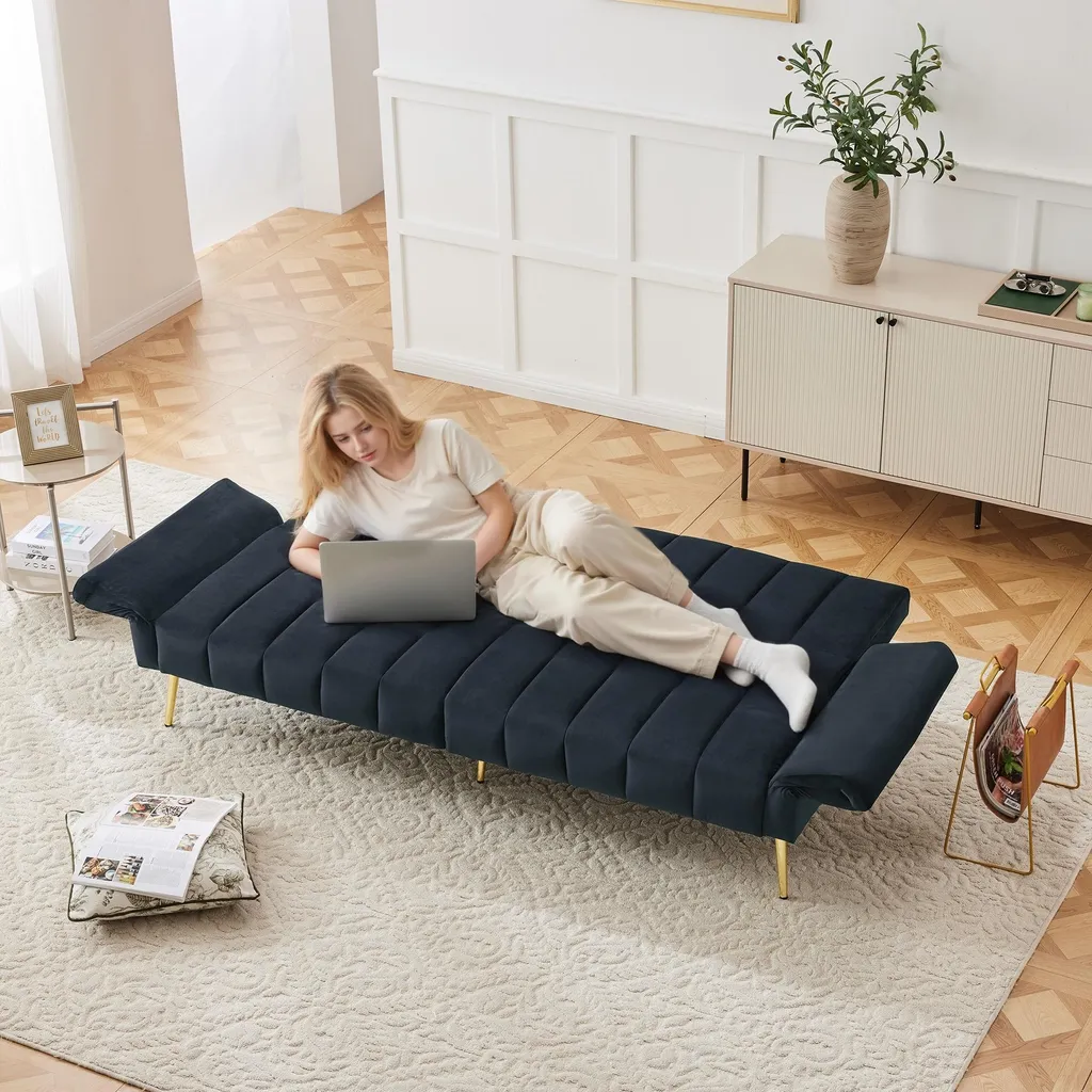 Canapé Convertible 2 Places Noir en Velours avec Support Téléphone Fixe