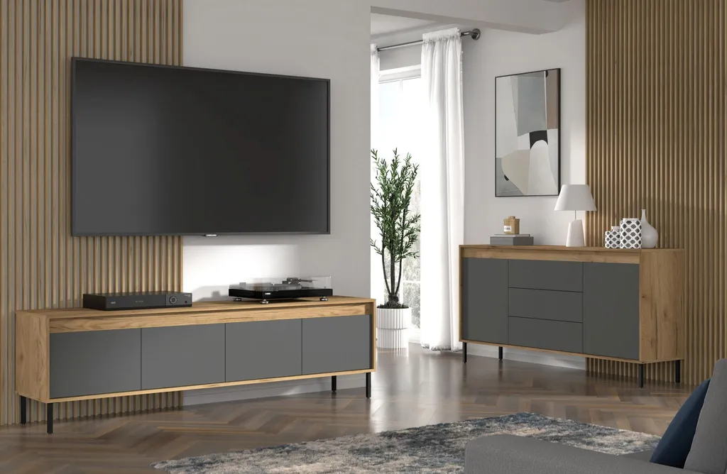 Commode Nesta 2D3S 166 cm Craft Gold et Basalt - Buffet avec 3 Tiroirs