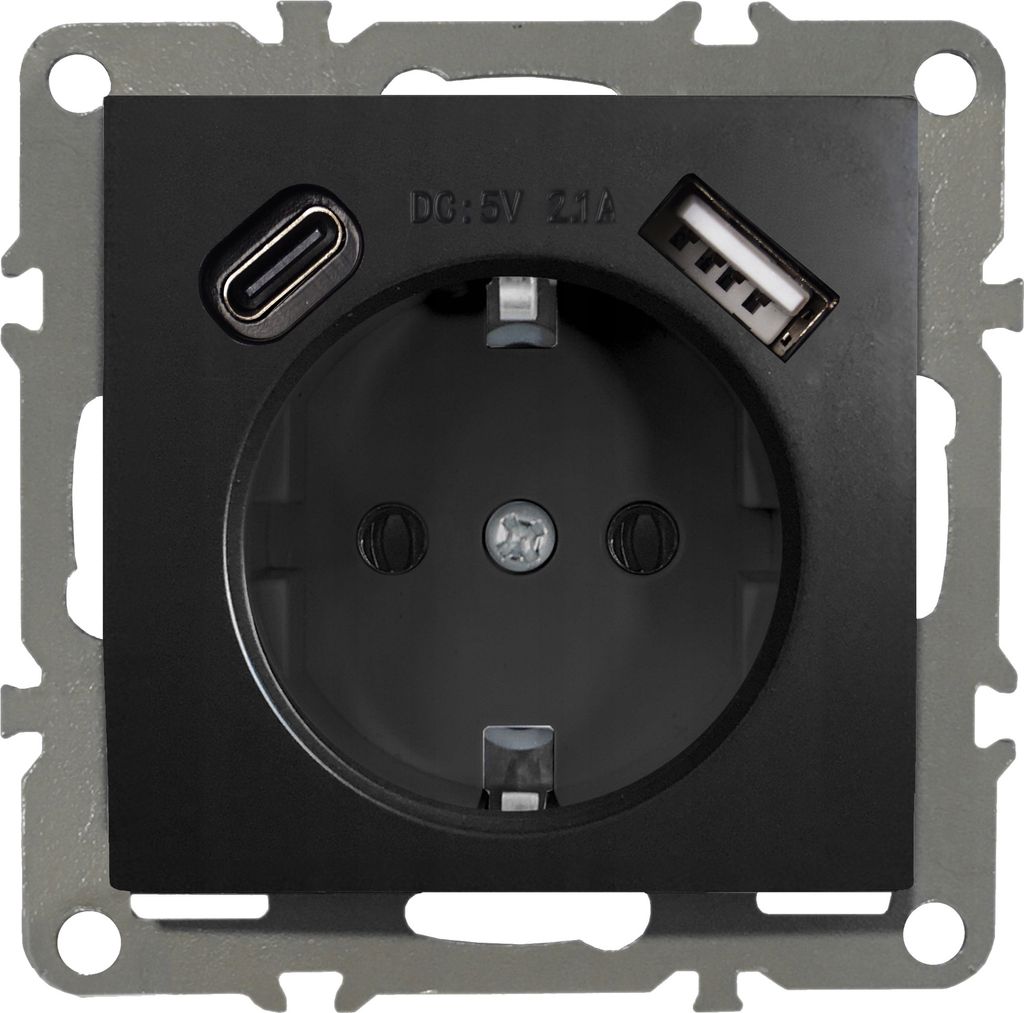 Schuko Steckdose 230V mit USB-C + USB-A QUADRA schwarz Produktbild 