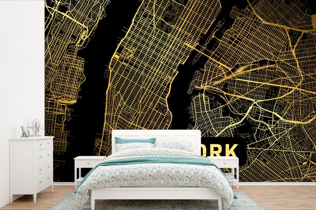 MuchoWow Fototapete für Wohnzimmer oder Schlafzimmer Wandtapete Vinyl Motivtapete New York - Karte - Zusammenfassung - 330x220 cm - Fototapeten