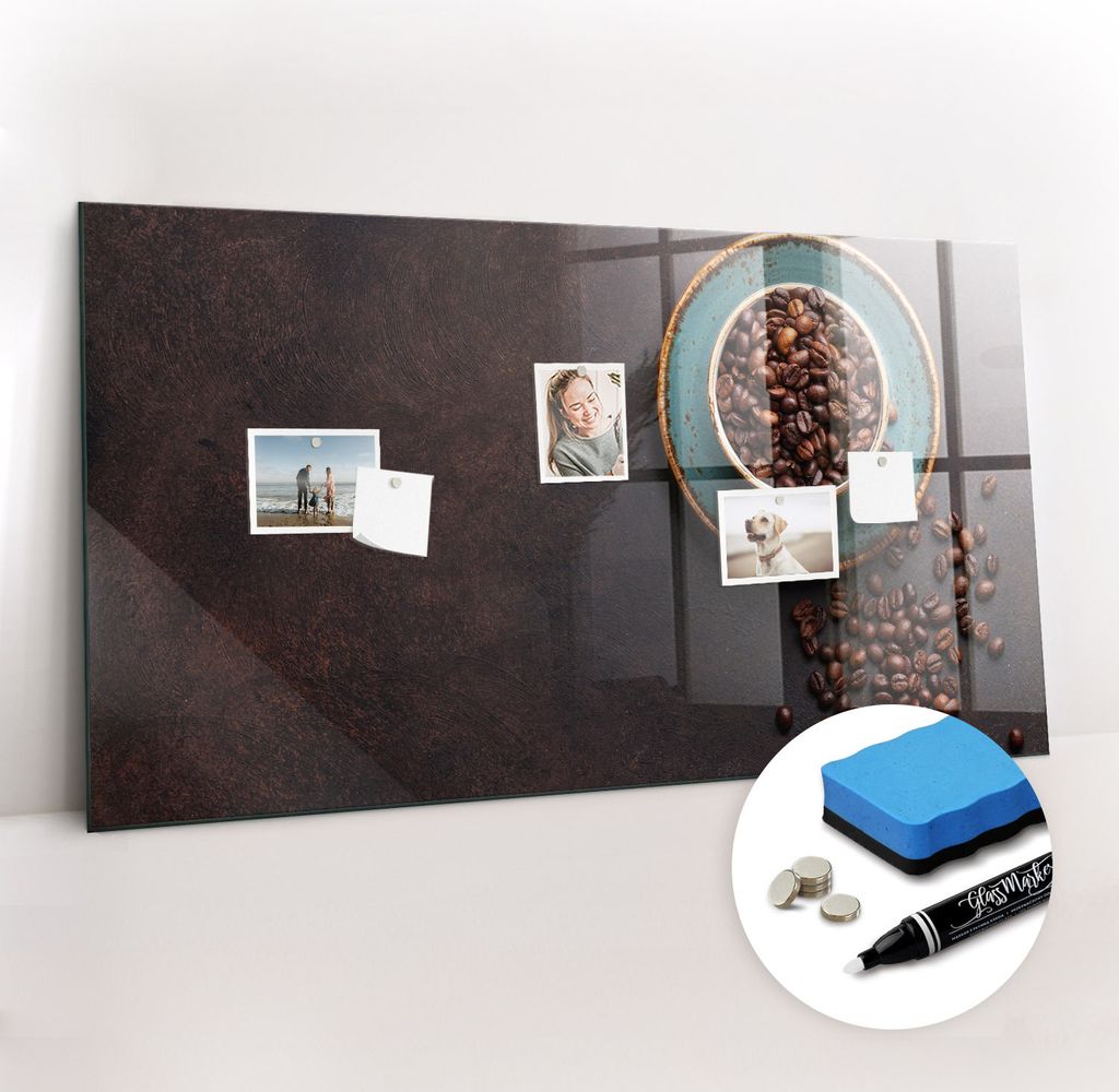 Magnetpinnwand Memoboard - Zubehörsatz - Weißer Marker + Schwamm + Magnete - 120 x 60 cm - Tasse Kaffee