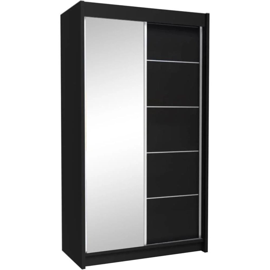 Schwebetürenschrank MARIKA 150 cm – Kleiderschrank mit 2 Schubkasteneinsätze, Spiegel & Schiebetüren (Schwarz)