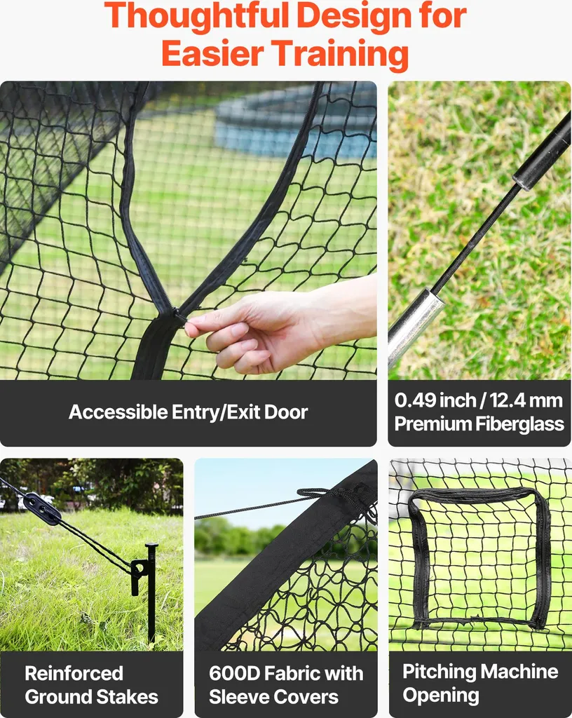 SucceBuy Gabbia da baseball (semicircolare) Rete 366x310x233 cm, rete da allenamento mobile con tessuto in poliestere resistente e senza nodi e apertura per macchine lanciapalle, inclusa rete da allenamento per softball - 4