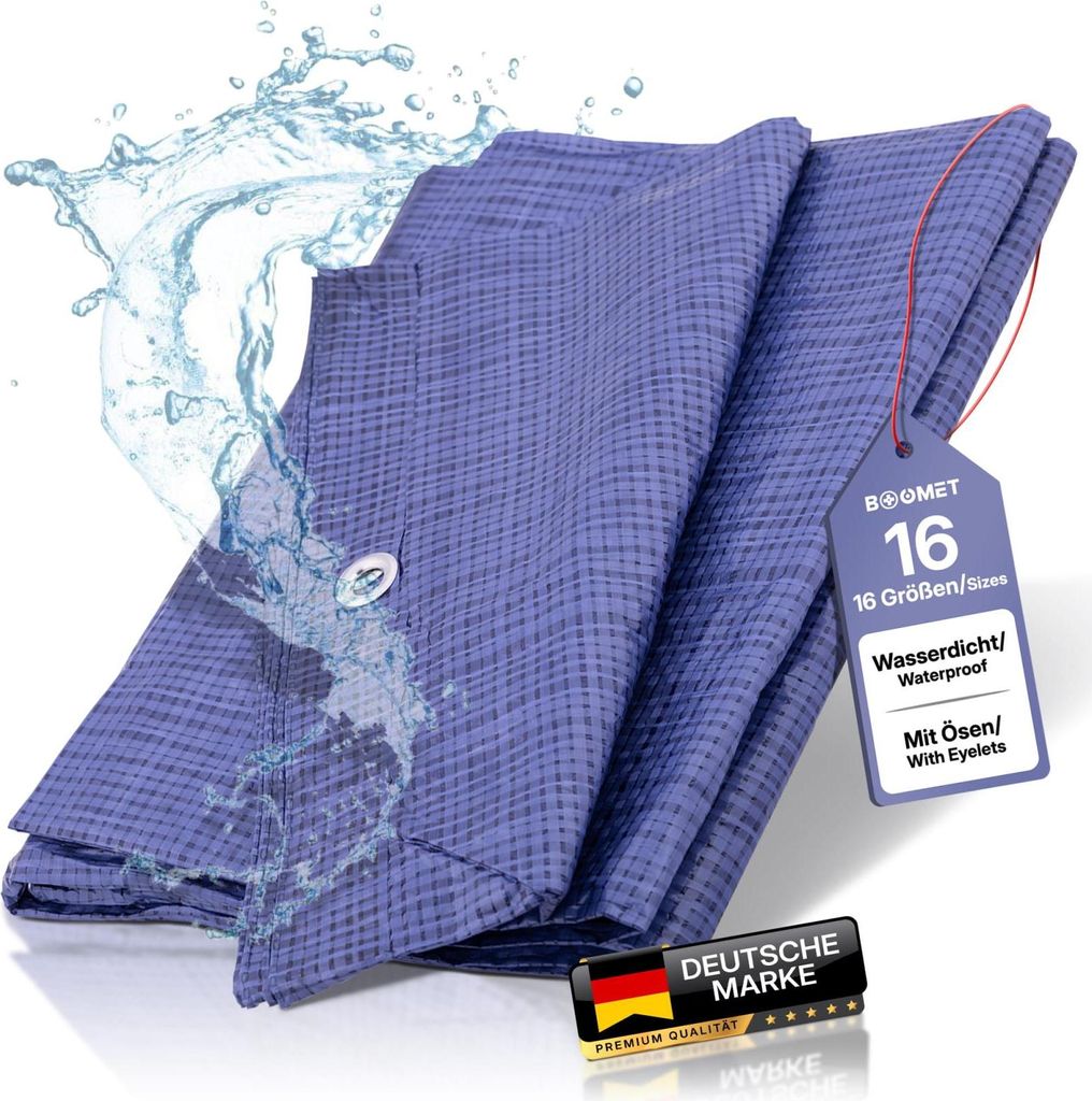 BOOMET Abdeckplane wasserdicht mit Ösen · 5x8m · verschiedene Größen zur Auswahl · Schutzplane wasserfest · Plane wetterfest · Gartenplane