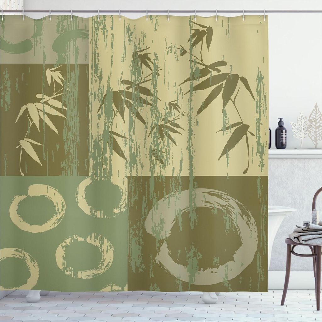 ABAKUHAUS Bambus Duschvorhang, Zen Kreis Und Bambus Silhouette Über Vintage Color Oriental Östlichen Patchwork Kunstdruck, 175 x 220 cm, Grün