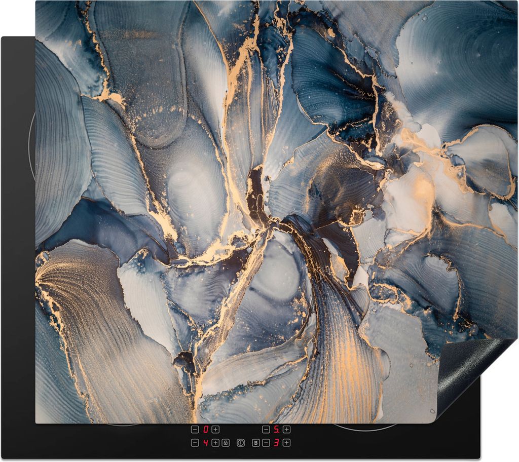 KitchenYeah Herdabdeckplatte Marmor - Grau - Blau - Luxus - Gold , 57x51cm, Küche Deko, Glaskeramikfeld Herdabdeckung, Abdeckplatte fùr Kochfeld