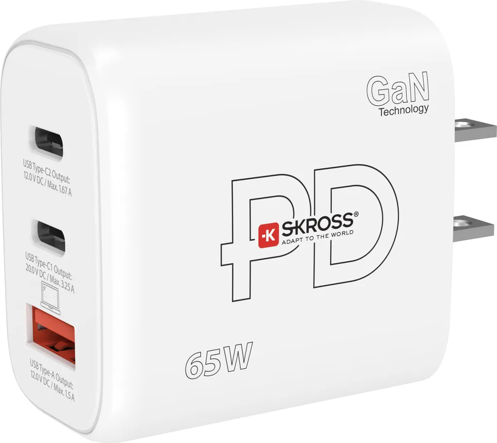 Chargeur secteur US Japon GaN 65W bloc double USB-C et USB-A compact