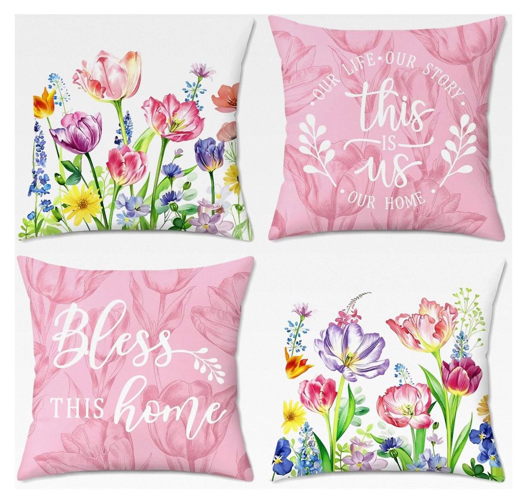 Kissenbezüge mit Tulpenmotiv 45 x 45 cm aus Samt in Rosa, 4er Set für Sofa, Schlafzimmer, Auto und Frühling Dekoration