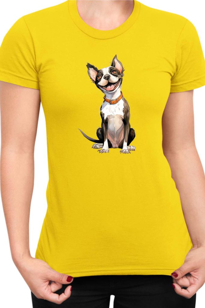 Damen T-Shirt Funny Dogs Breeds Boston Terrier Dog Breed 020, Lady 2XL / Gelb