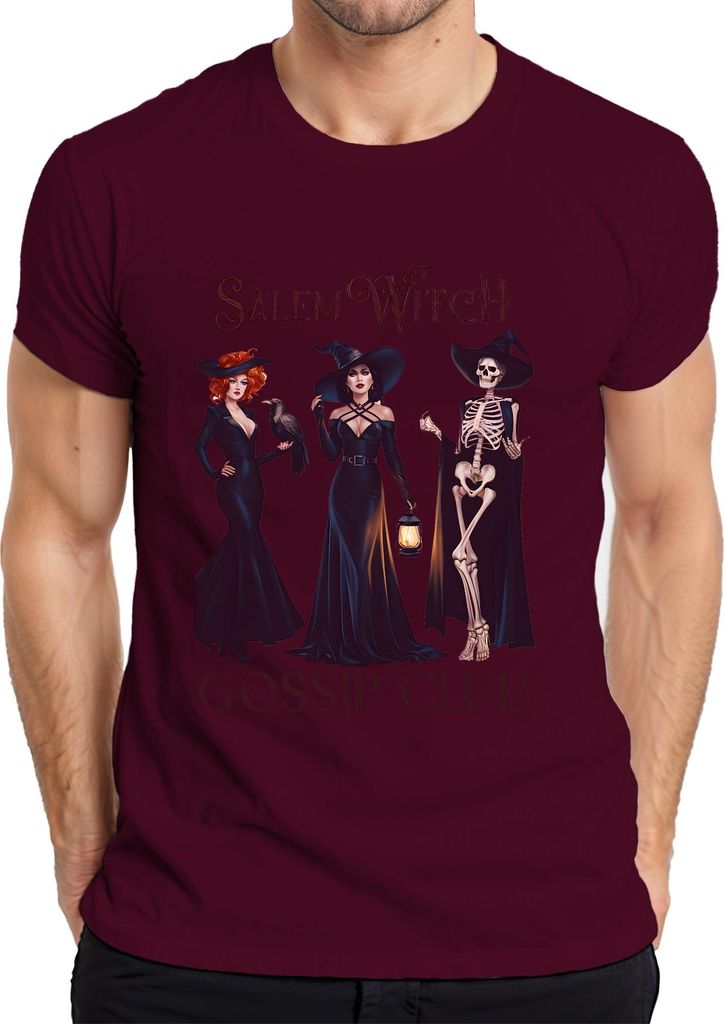 Salem Witch Gossip Club Halloween Skelett Rabe Laterne Gothic Herren T-Shirt, Burgundy, 3XL