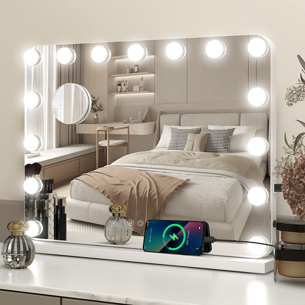 Puluomis Schminkspiegel Kosmetikspiegel 58x45cm Hollywood Spiegel Dimmbar mit 15 LED Beleuchtung 3 Farben, mit USB, 10x, Wandspiegel weiß, rund Ecke