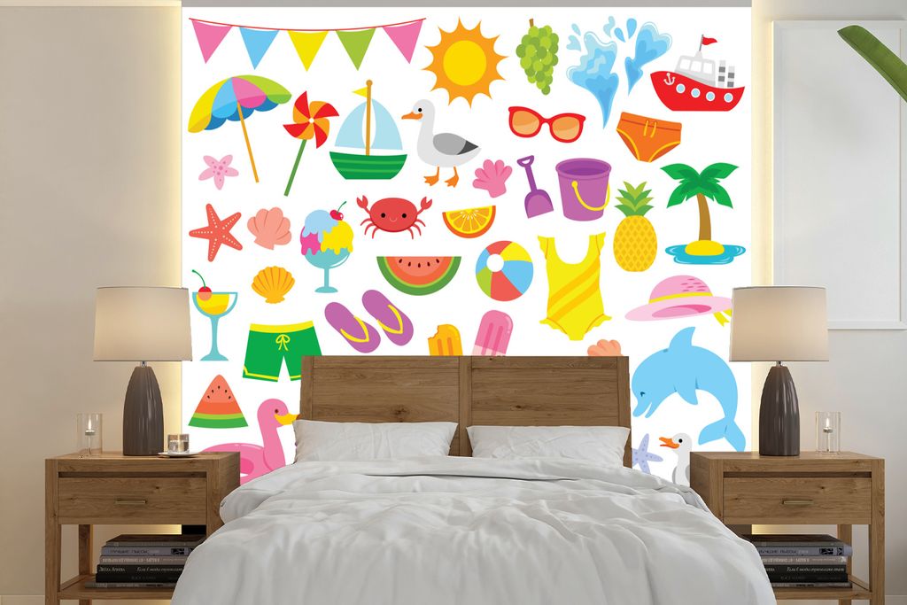 MuchoWow Fototapete für Wohnzimmer oder Schlafzimmer Wandtapete Vinyl Motivtapete Sommer - Obst - Kinder - 240x240 cm - Schlafzimmer-Tapete