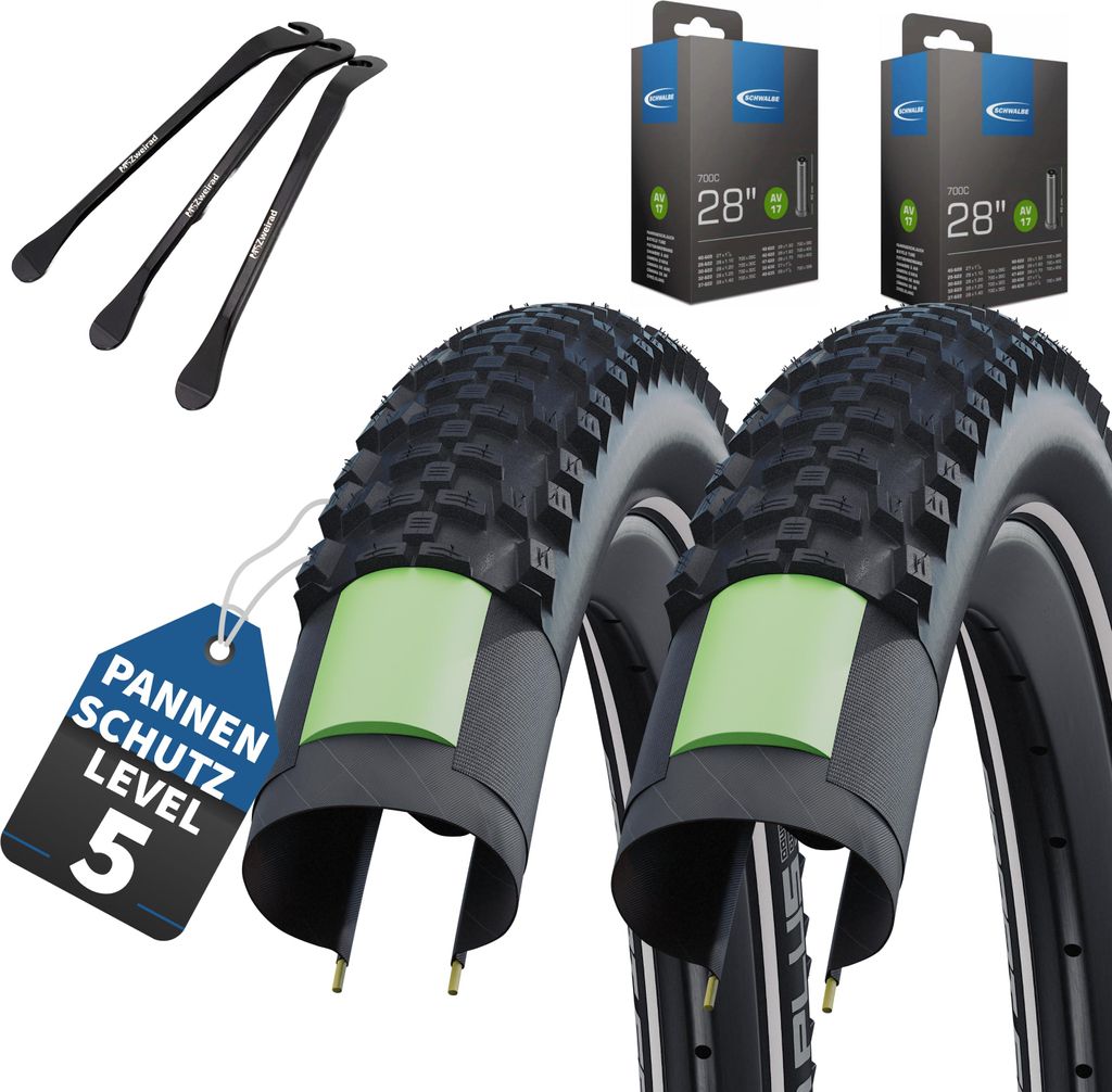 Schwalbe Fahrradreifen Smart Sam Plus DD HS624 28 Zoll 42-622 Draht GreenGuard schwarz + AV-Schlauch + MSZweirad Reifenheber