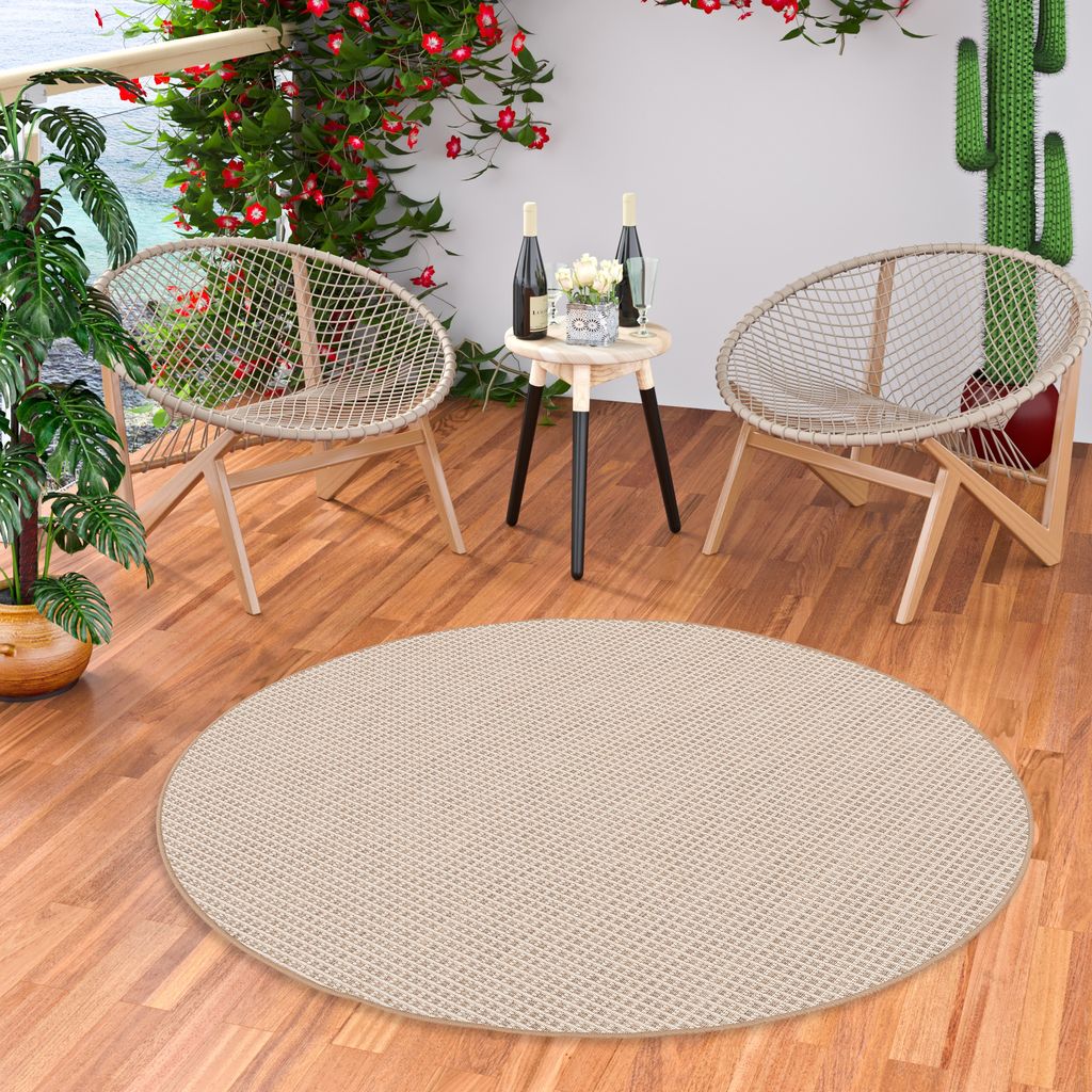 In & Outdoor Teppich Flachgewebe Oslo Beige Creme Karo Rund, Größe:160 cm Rund