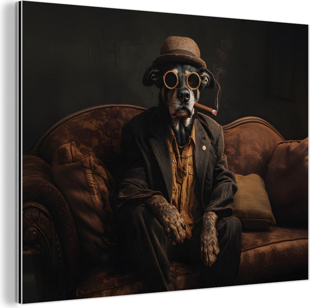 MuchoWow Wanddekoration Metall Metallbild Wandkunst 80x60 cm Hund - Zigarre - Hut - Anzug MuchoWow Aluminium Gemälde - Alubild