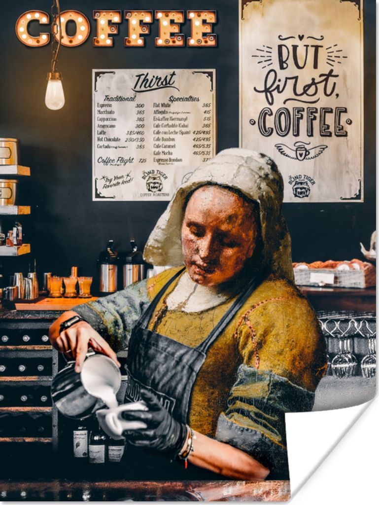 MuchoWow Poster Milchmädchen - Barista - Kaffee - Vintage - Kunst - Abstrakt - Malerei - Alte Meister 120x160 cm - Wandbilder