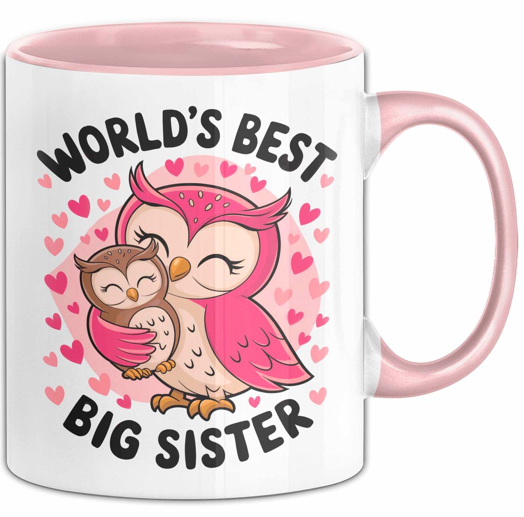 Big Sister Ältere Geschwister Schwestern Eulen Tasse Becher Geschenk Lustige Geschenkidee Spruch Die Beste Big Sister Der Welt (Rosa)