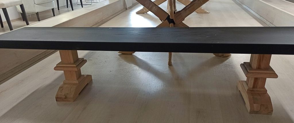 Casa Padrino Landhausstil Eichenholz Sitzbank Schwarz / Naturfarben 300 x 40 x H. 45 cm - Rustikale Massivholz Bank - Rustikale Massivholz Möbel -...