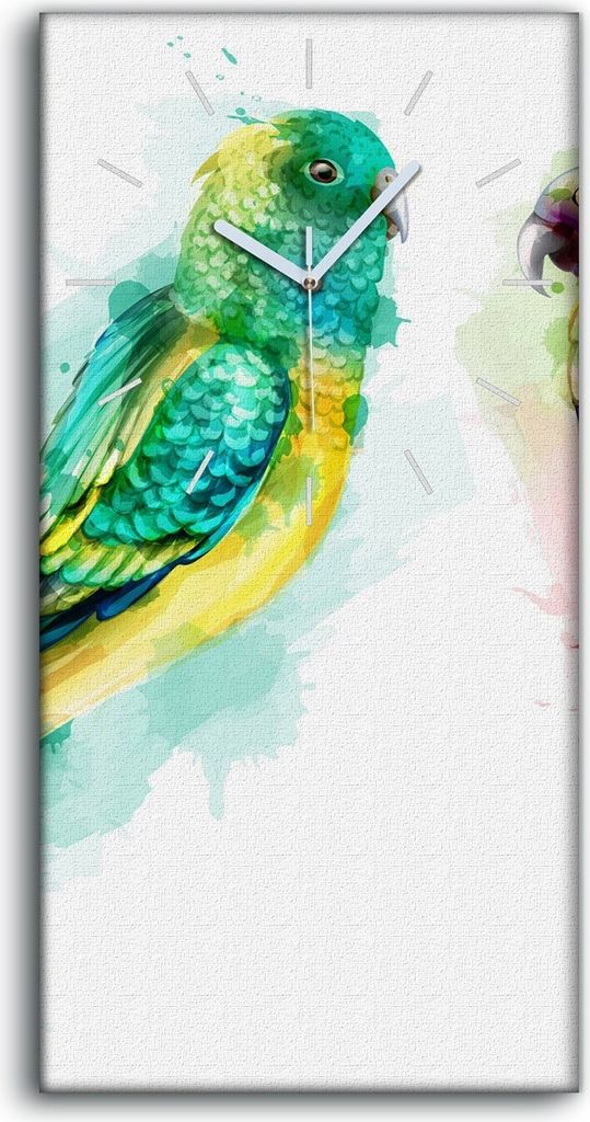 Wanduhr Leinwand Bild Uhr Geräuschlos 30x60 tropische Vögel Aquarellfarbe - weiße Hände