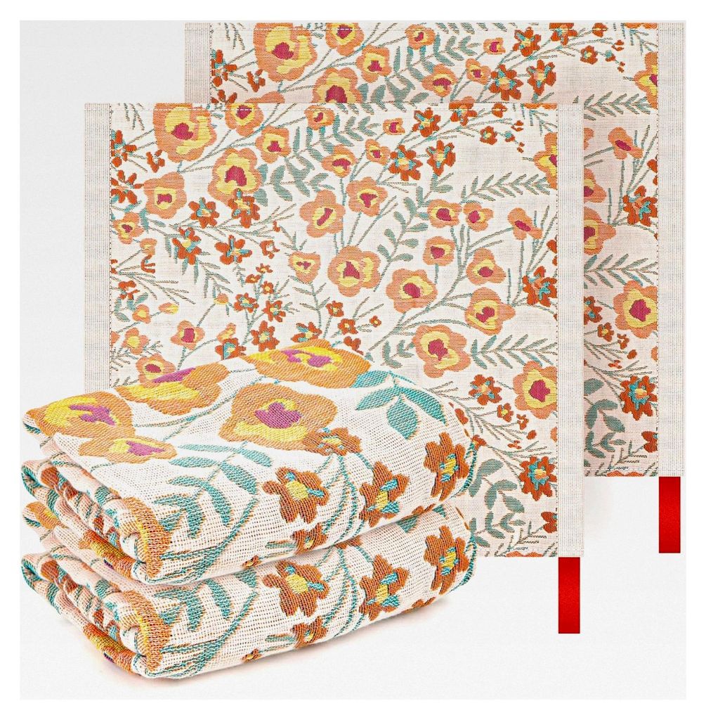 4 Stück 100% Baumwolle Doppelseitige Geschirrtücher, Küchentücher mit Aufhängeschlaufe, saugfähig und dekorativ mit Blumenmuster zum Trocknen...