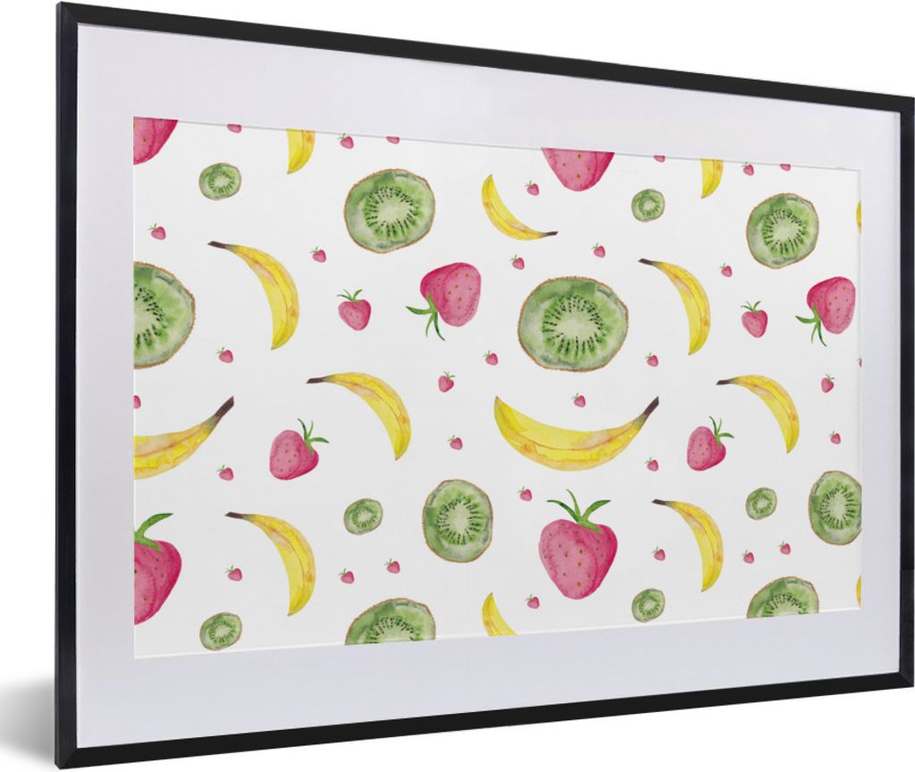 MuchoWow Gerahmtes Poster Obst - Aquarell - Weiß - Muster 60x40 cm - Poster mit Schwarzem Bilderrahmen Wandposter Rahmen Foto Bilder - Schlafzim...