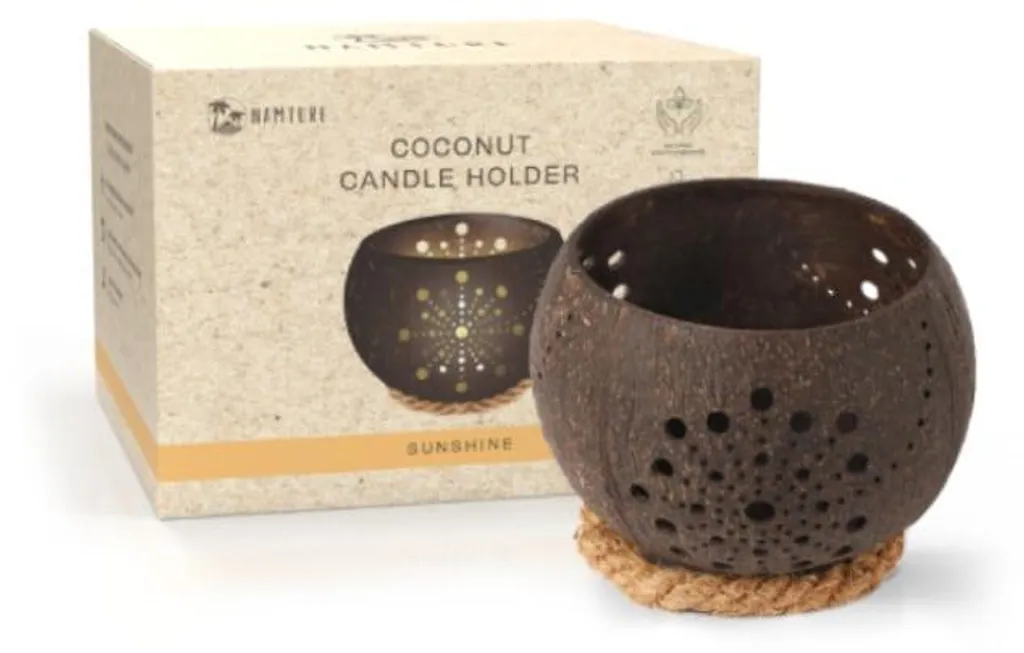 Porte-bougies coco Soleil ajouré - Déco artisanale en bois naturel brun