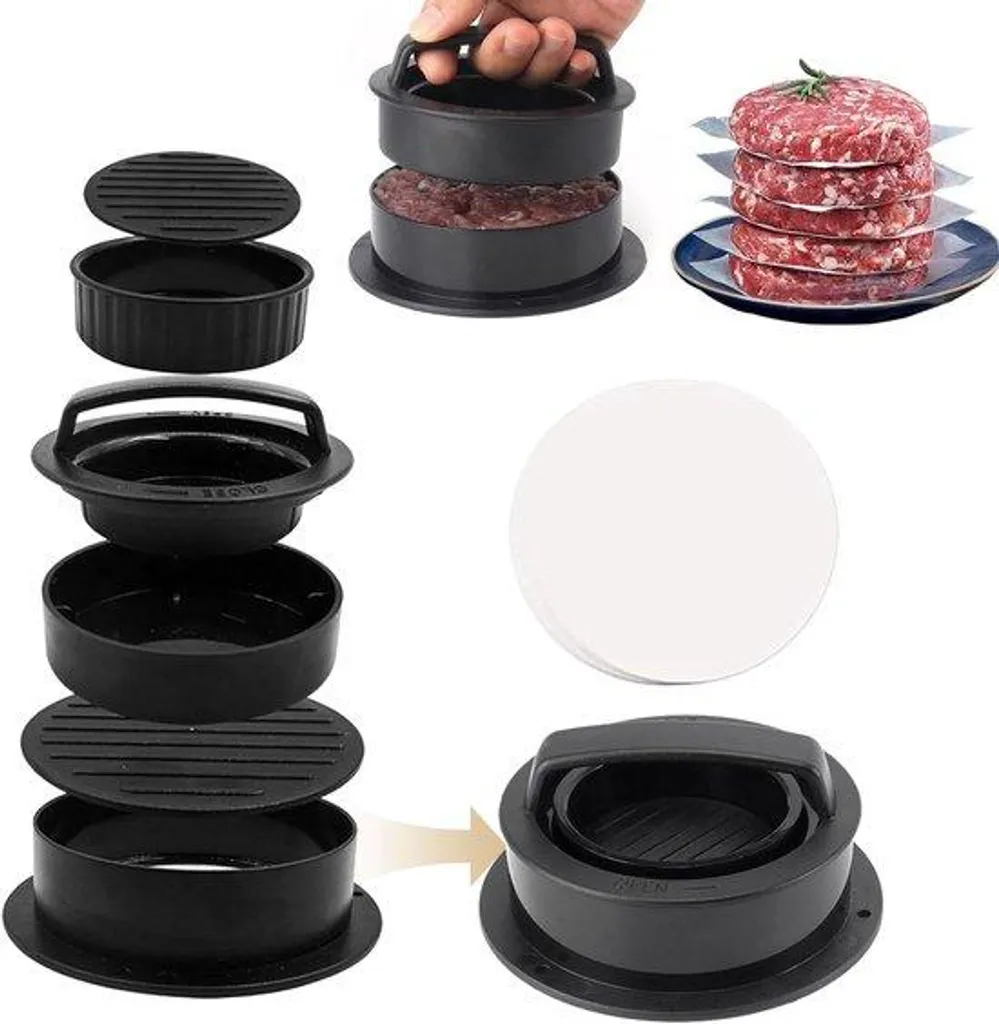 Kit Presse à Burger 4-en-1 et 100 Feuilles de Papier Cuisson Antiadhésif