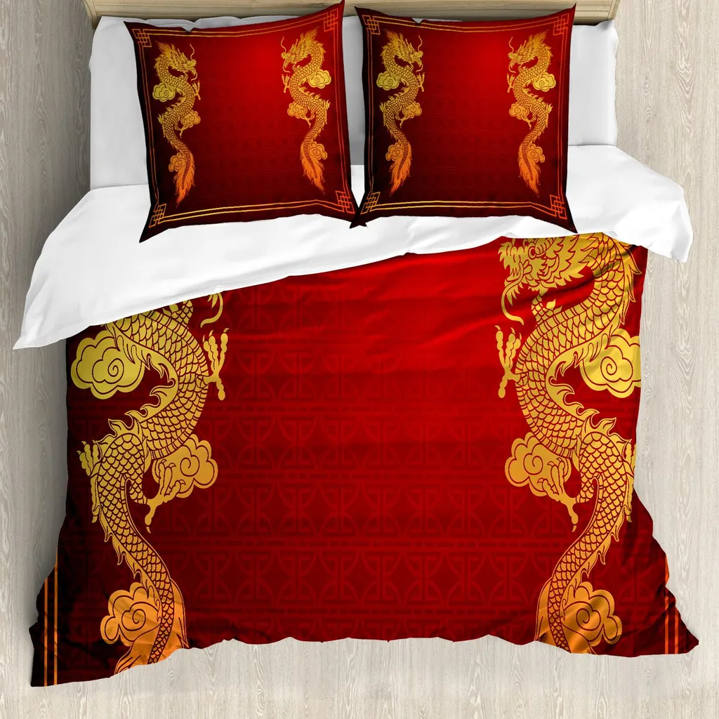 Set Copripiumino ABAKUHAUS Drago Orientale 155x220cm Arancio Giallo
