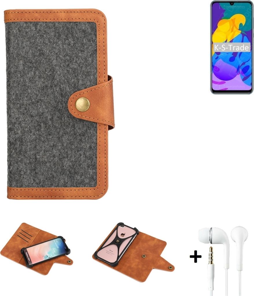 K-S-Trade Handyhülle + Kopfhörer kompatibel mit Huawei Honor Play 4T Pro Schutzhülle Filzhülle Kunstleder dunkelgrau braun (1x)