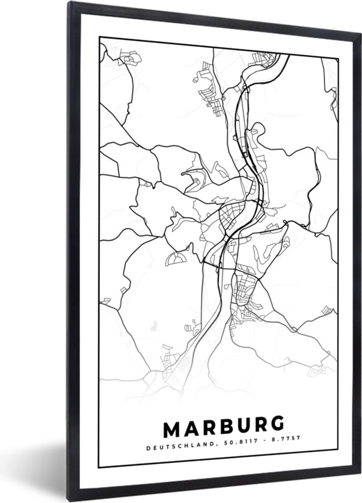 MuchoWow Gerahmtes Poster Marburg - Karte - Stadtplan 20x30 cm - Poster mit Schwarzem Bilderrahmen Wandposter Rahmen Foto Bilder - Drucken - Bild...