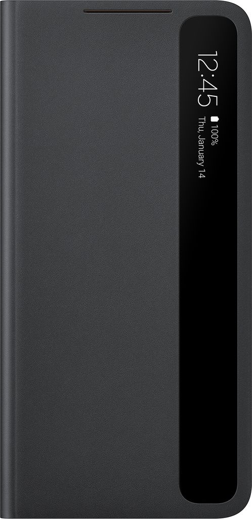 A black smartphone case with a transparent window showing the time and date.