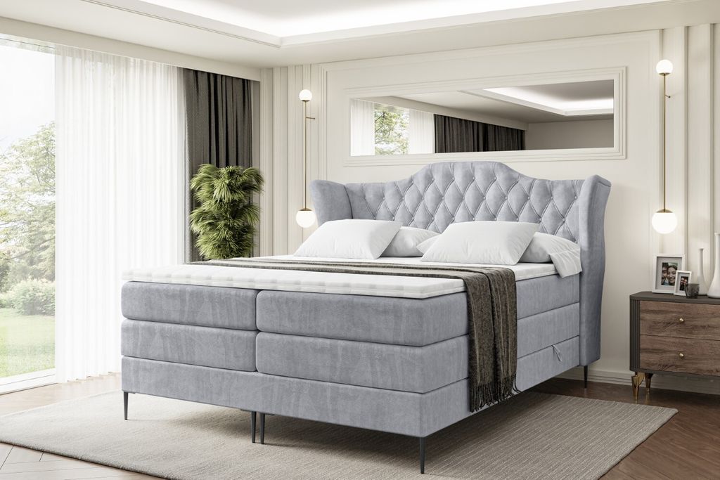 ALTDECOR Boxspringbett mit Schwarz Füßen, Matratze und Lattenrost, Topper, Polsterbett mit Bettkasten, Bett mit Stauraum H3- und H4- Matratze, Do...