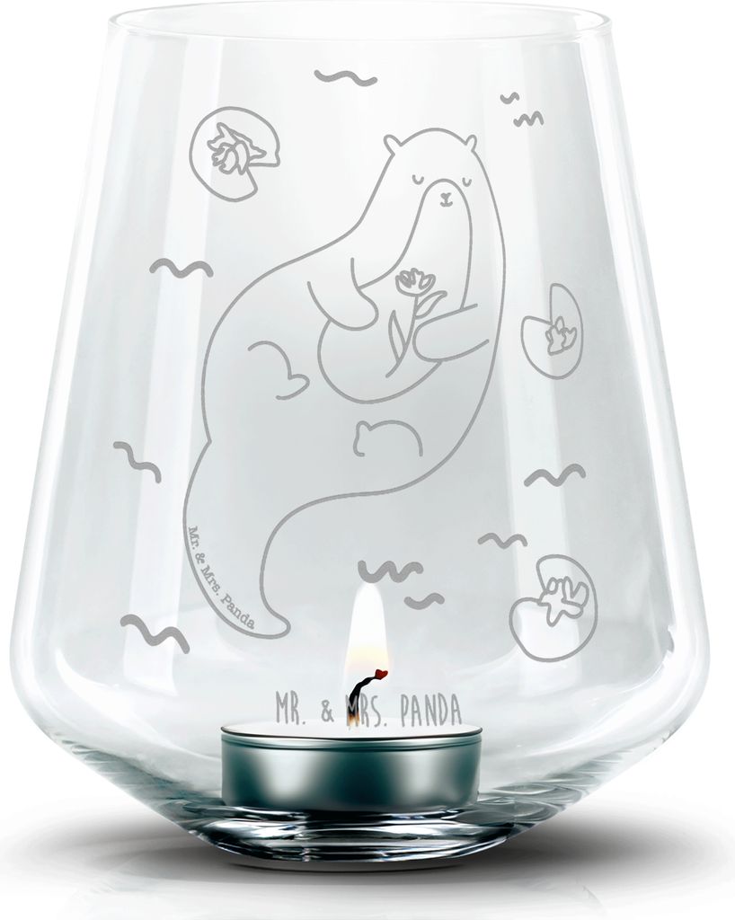 Mr. & Mrs. Panda Laterne Otter Seerose - Transparent - Geschenk, glücklich, Fluss, Wasser, Teelichthalter, Seeotter, Deko Windlicht, gravur glas, ...
