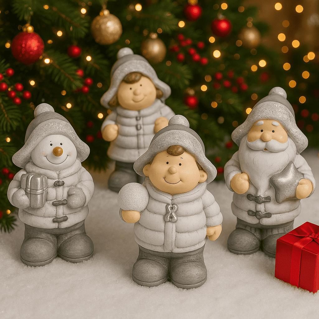 Weihnachtsdeko 4er Set Figuren Dekofigur Weihnachten Fensterdeko Keramik Silber