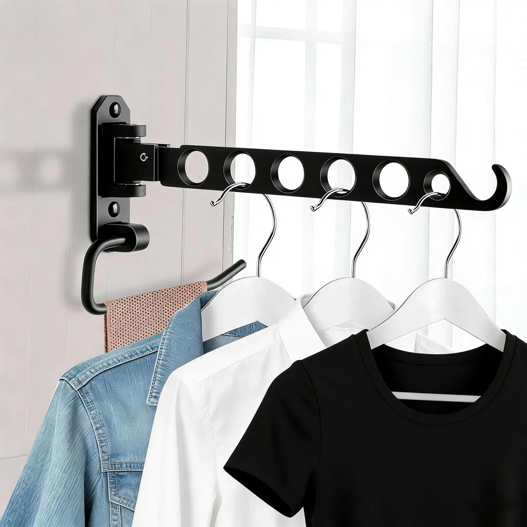 Crochet à vêtements rabattable noir-U, 1 pièce pour buanderie moderne