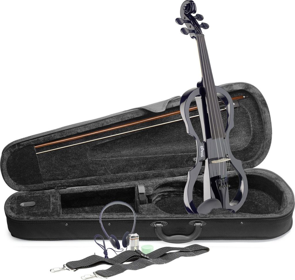 A black electric violin with its case and accessories laid out on a white background.