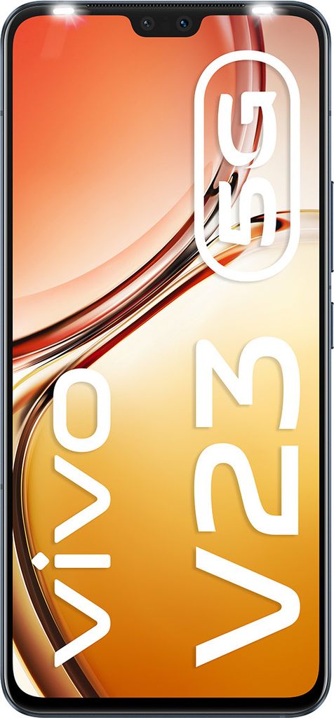 A marketing image for a Vivo V23 5G smartphone, featuring the phone with prominent text overlays.