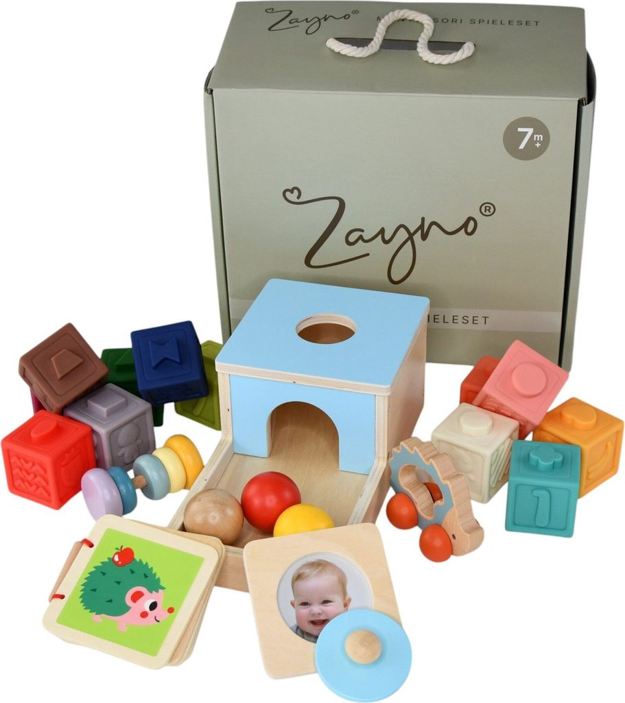 Zayno "Montessori" Spieleset | Spiel für Säuglinge, Spielkasten, Geschenk zur Geburt, Spielebox für Babys, Sensorik, Feinmotorik, bunt