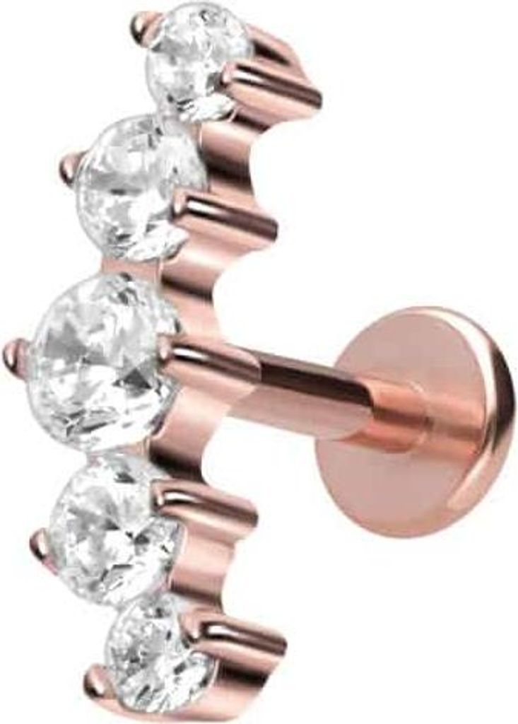 Ohrpiercing, Nasenpiercing Titan Labret mit Innengewinde 5 EINGEFASSTE KRISTALLE RoséGold Stablänge: 7mm | Stabstärke: 1,6mm