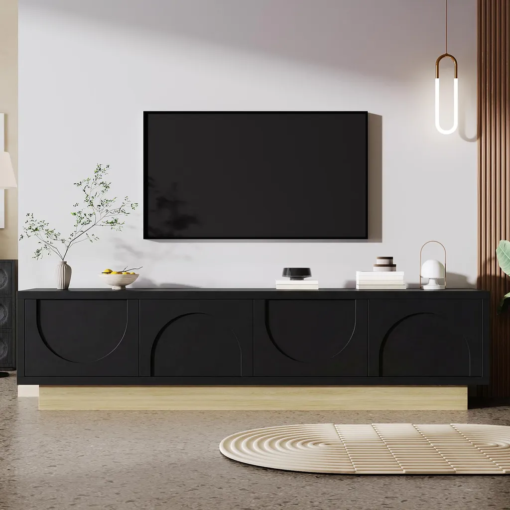 Meuble TV Noir Anti-Désordre avec Rangement Invisible et Ouverture Facile