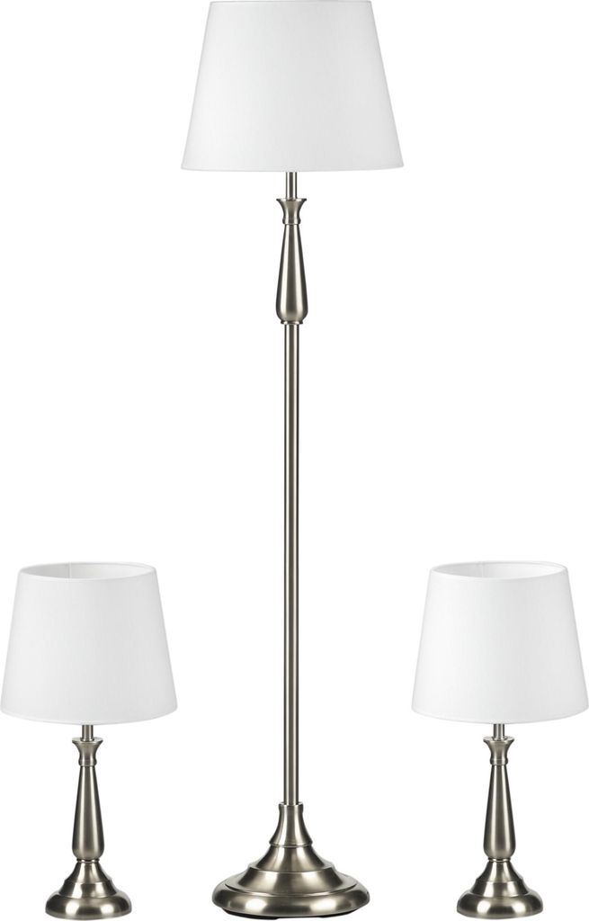 3-teiliges Lampenset im Vintage-Design, 2 Tischleuchten, 1 Stehleuchte, 35,5 cm x 35,5 cm x 146 cm, Silber + Weiß