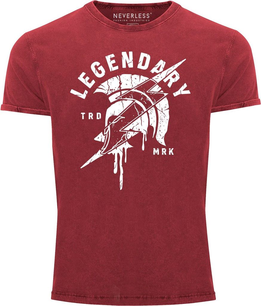 Herren Vintage Shirt Sparta Schrift Legendary Spartan Helmet Lightning Flash Blitz Printshirt T-Shirt Aufdruck Used Look Neverless rot XL