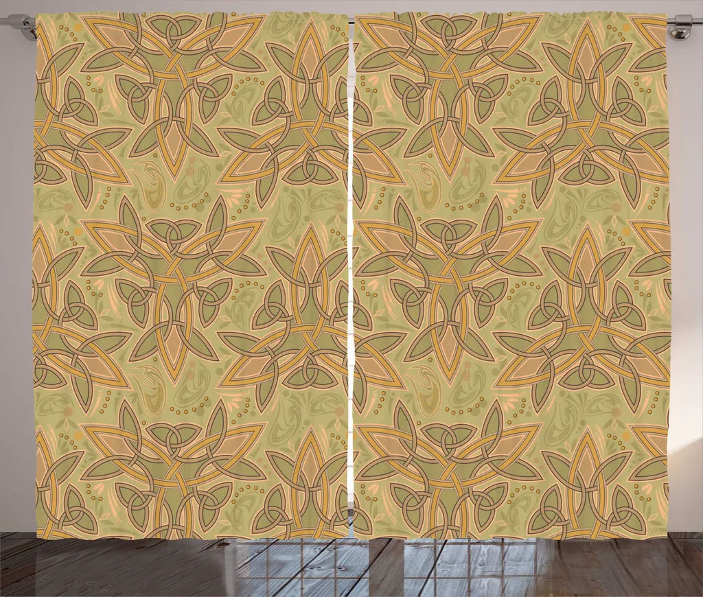 Rideau Kaki et Taupe 280x225 cm avec Boucles et Crochets Style Celte