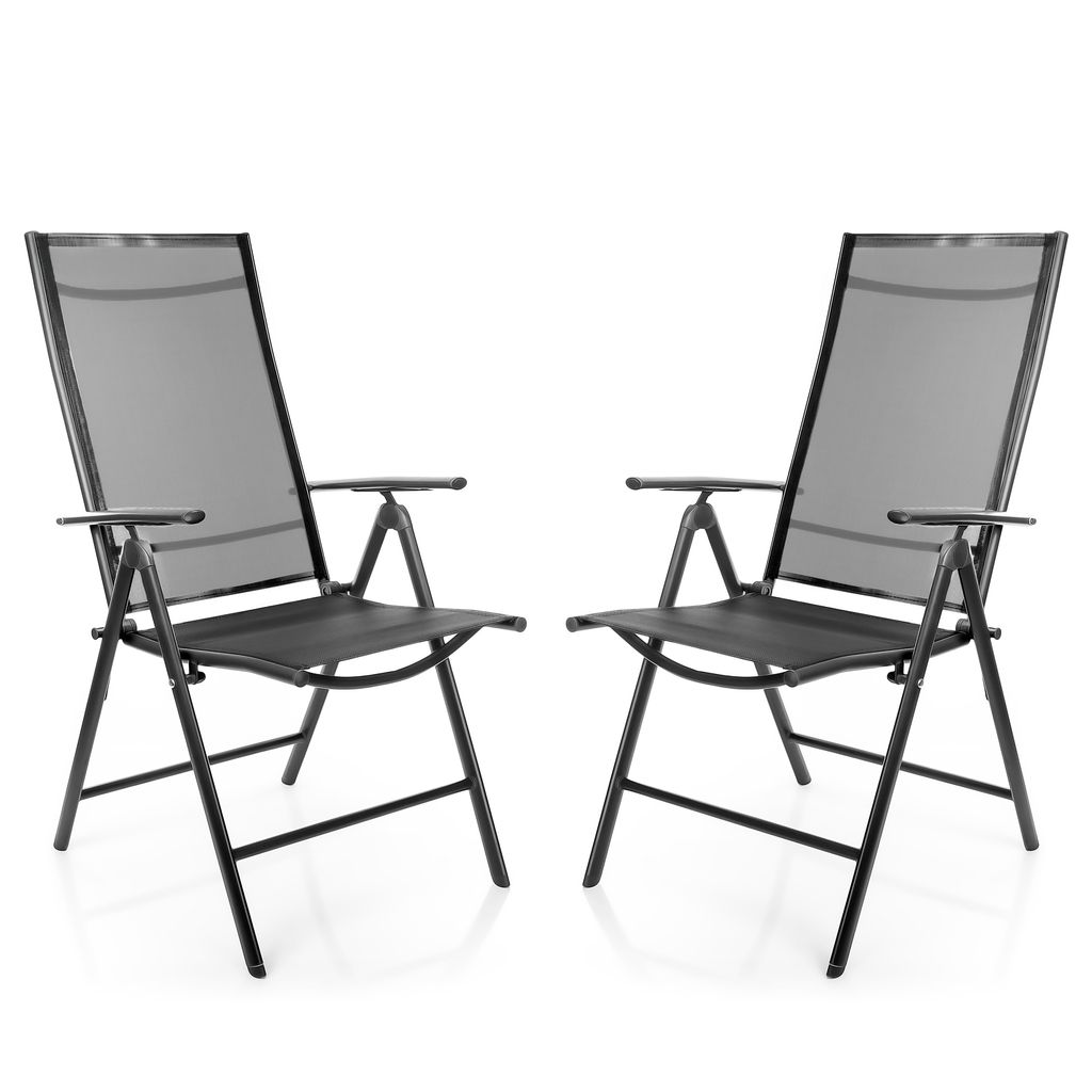 Two dark gray folding garden chairs are shown against a white background.