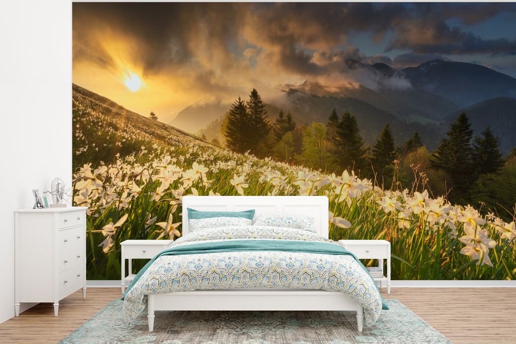 MuchoWow Fototapete für Wohnzimmer oder Schlafzimmer Wandtapete Vinyl Motivtapete Blumenfeld - Hügel - Sonnenuntergang - Berg - Natur - Weiß -...