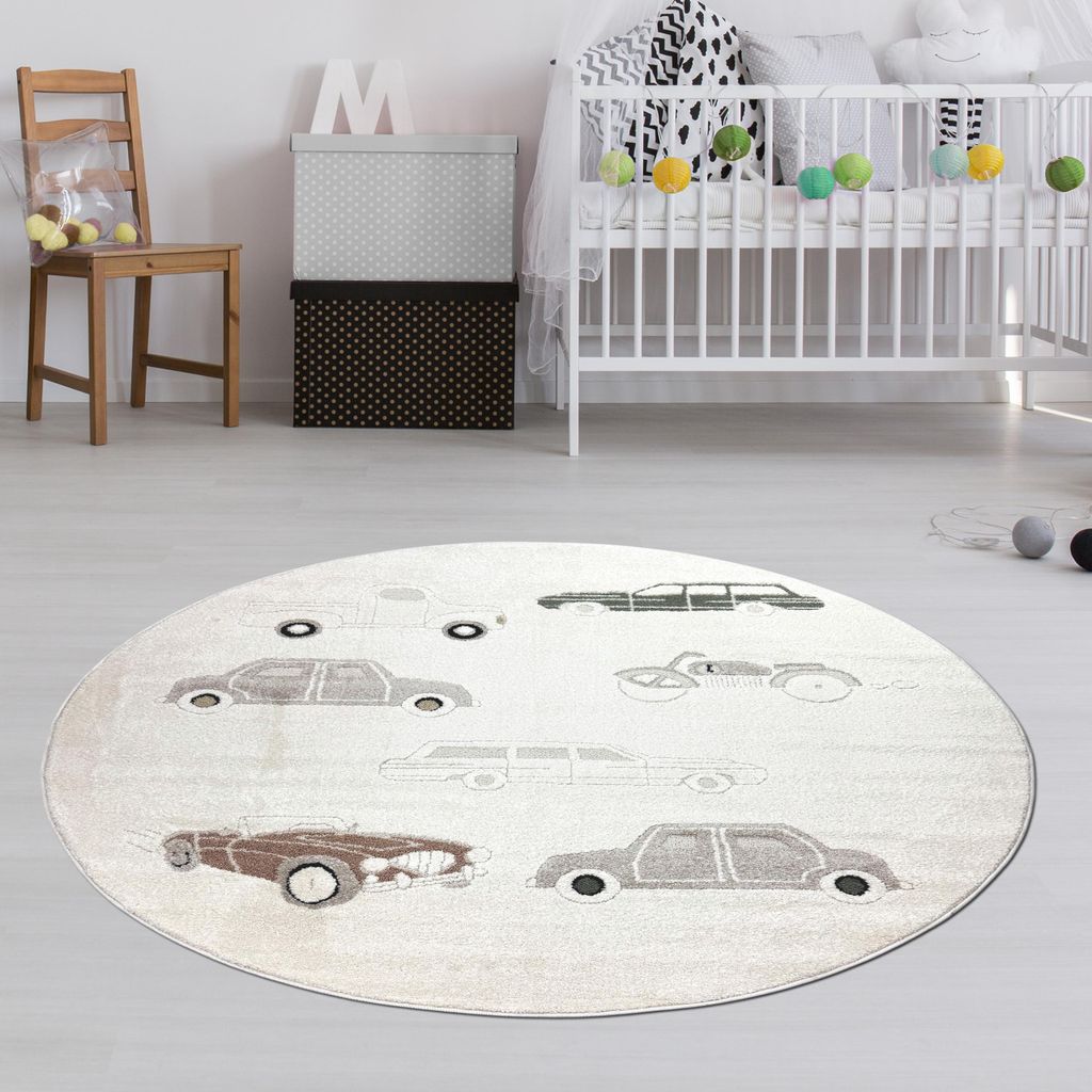 Kinderzimmerteppich mit Hoch-Tief-Effekt und Automuster in creme beige Größe - 200 cm Rund