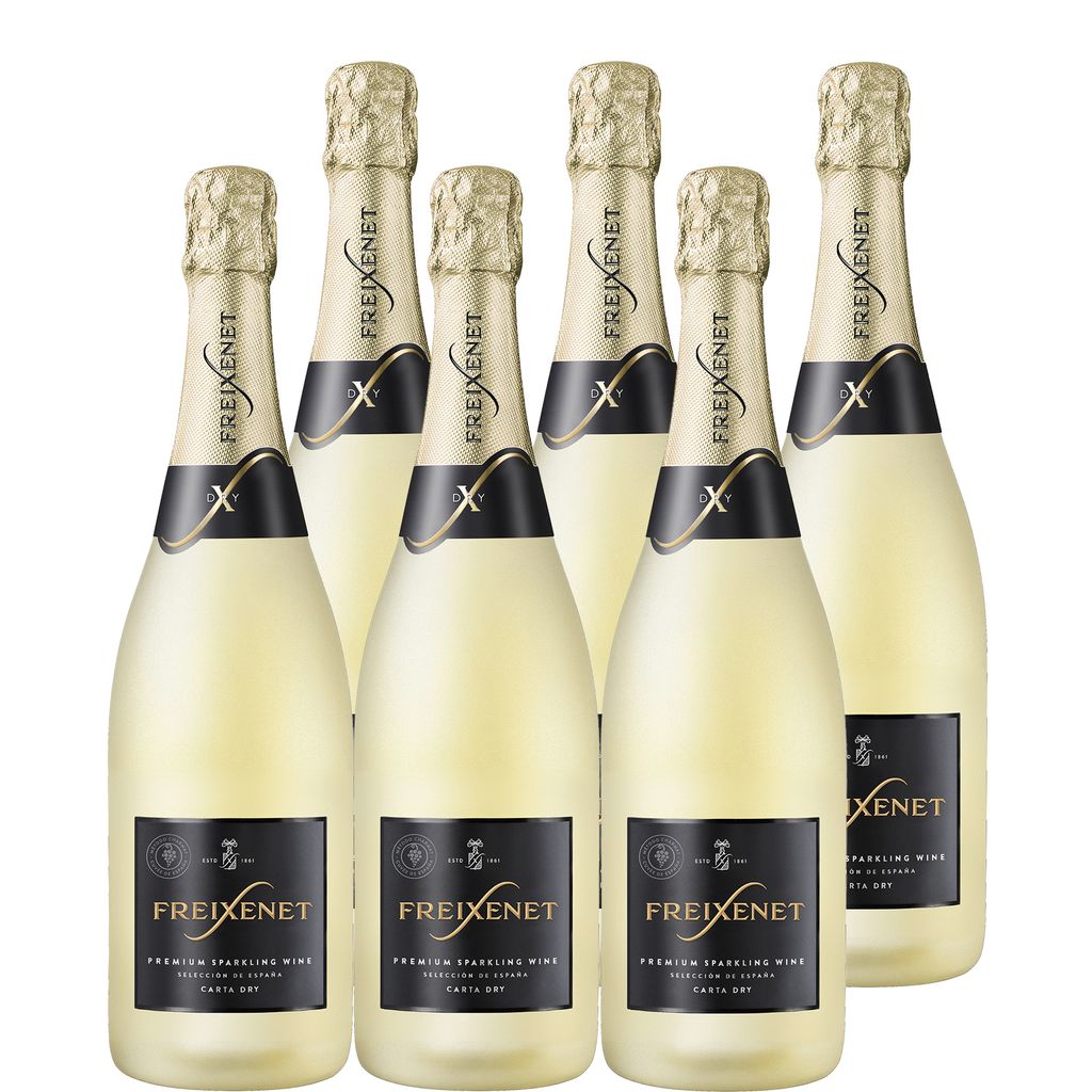 Six bottles of Freixenet sparkling wine arranged in two rows.