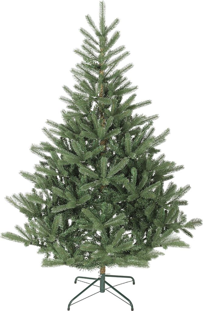 A green artificial Christmas tree on a white background.